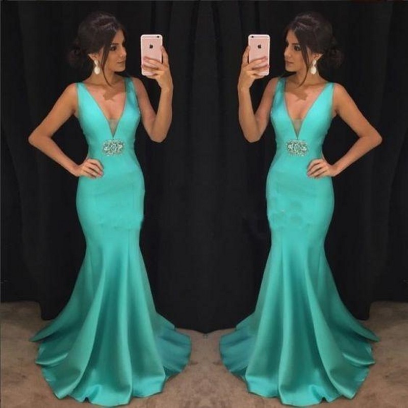 

Turquoise Prom Dresses 2020 Elegant Mermaid Evening Gowns Deep V Neck Celebrity Party Dress Women Beads abendkleider, Orange