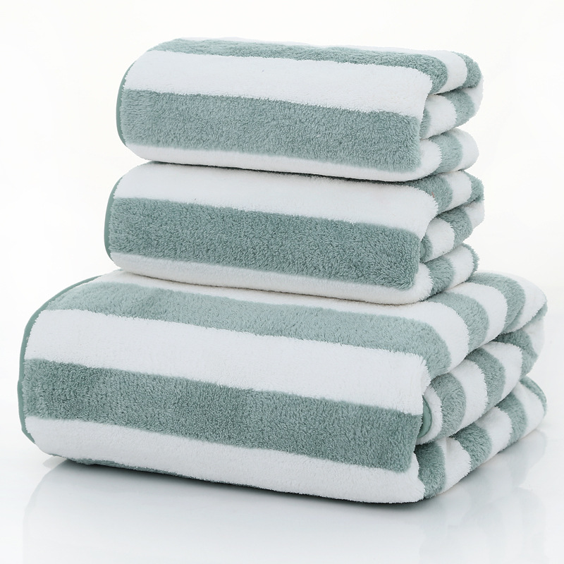 

3pcs/set microfiber stripe towel set 2pcs face towel and 1pc bath Quick Dry Towels bathroom for Adult, Green