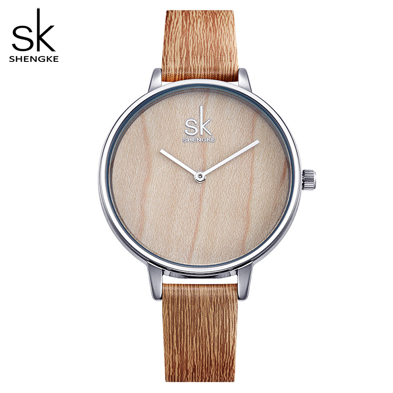 

Shengke 2018 New Creative Women Watches Casual Fashion Wood Leather Watch Simple Female Quartz Wristwatch Relogio Feminino, No send watch for shipping
