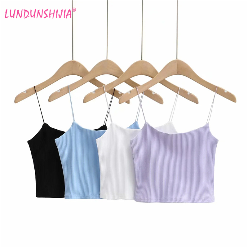 

LUNDUNSHIJIA 2020 Summer Fashin Sexy Ribbed Cotton Camisole Top Women Sleeveless Crop Tops Slim Lavender Purple Tube Tops, Black
