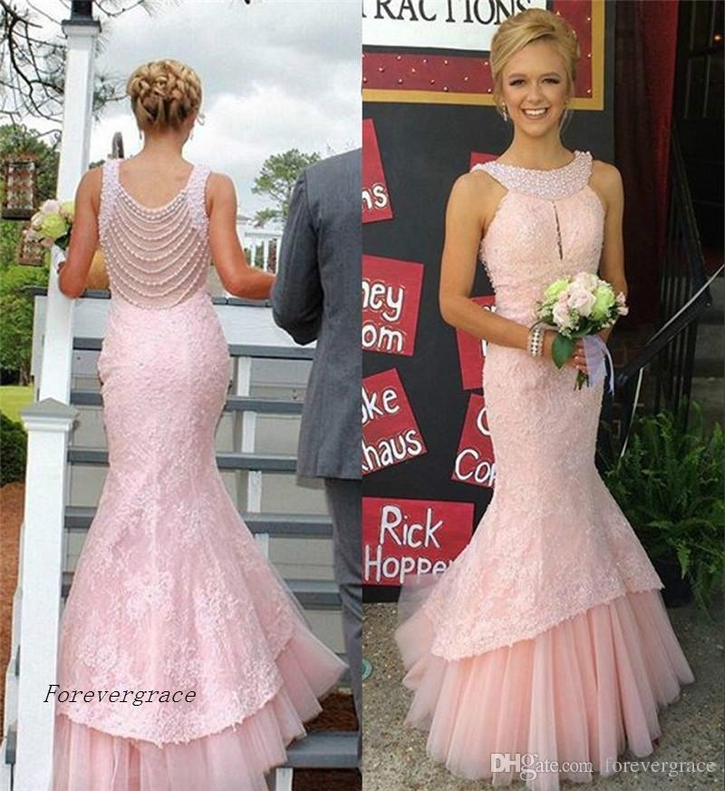 

2019 Sexy Blush Pink Halter Neck Prom Dress Cheap Mermaid Beaded Lace Formal Summer Holidays Wear Evening Party Gown Custom Made Plus Size, Water melon