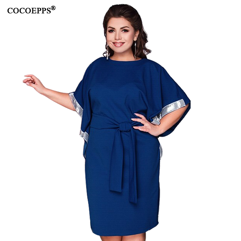 

COCOEPPS Plus Size Women's Casual Batwing Sleeve Belt Dresses Elegant Loose Large Size Party Solid Dress Lace Ladies Clothing, Black