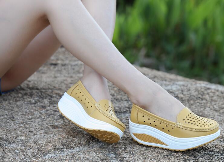 Woman Shoe Genuine Leather Hollow Out Swing Shoes White Nurse Shoes Wedges Army Green Mother Shoes