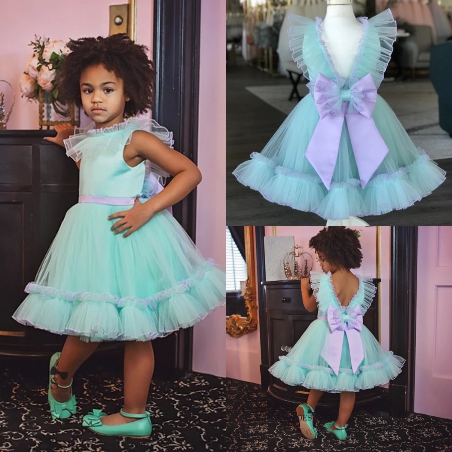 

Light Blue Princess Flower Girl Dresses With Ruffles Purple Big Bow Weddings Celebration Birthday Ceremony Party Dress For Little Girls, White