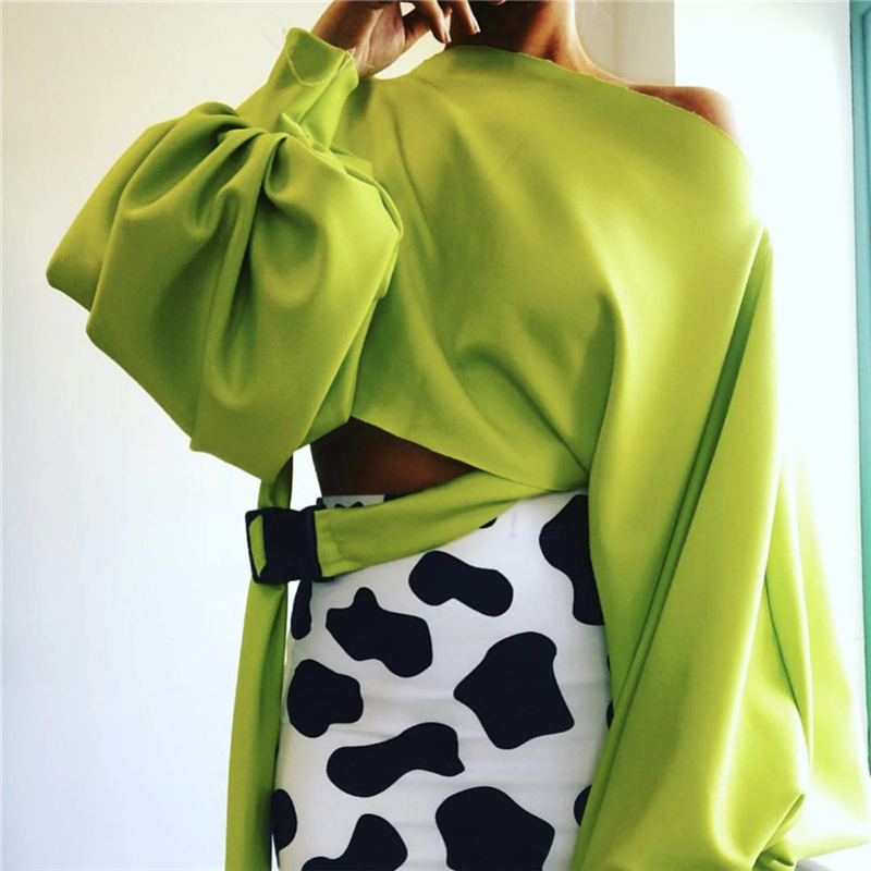 

Fashion-European design women' sexy slash neck candy neon color loose lantern sleeve lacing high waist short crop top sweatshirt hoodies, Black