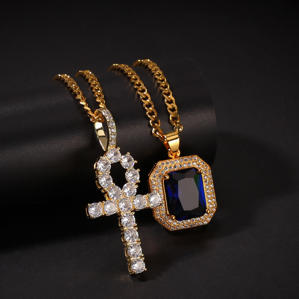 

Egyptian Ankh Key of Life Bling Rhinestone Cross Pendant With Red Ruby Pendant Necklace Set Men Hip Hop Jewelry