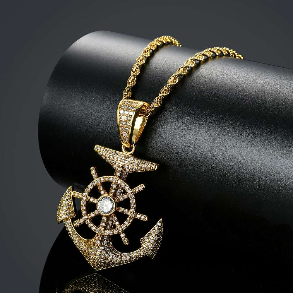 

hip hop ship's anchor Rudder diamonds pendant necklaces for men luxury necklace real gold plated copper zircons Cuban chains 2 colors