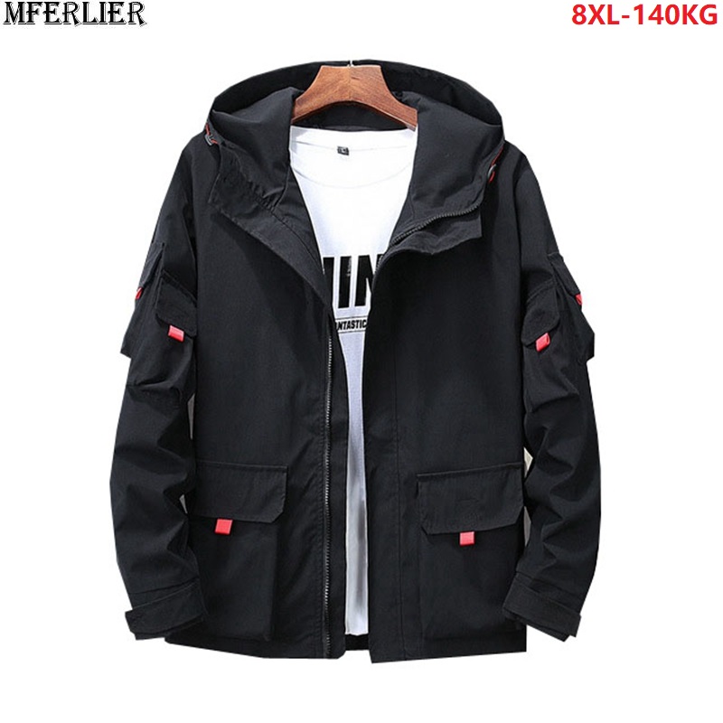 

autumn spring men cargo jackets pockets hooded high street letter fashion sports coat loose plus size big 6XL 7XL 8XL yellow 56, White