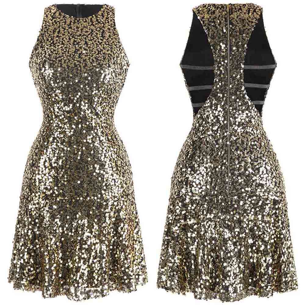 

Angel-fashions Women Sheer Golden Sequin Short Bodycon Vintage Cocktail Dress Prom Party Gown 467, Gold