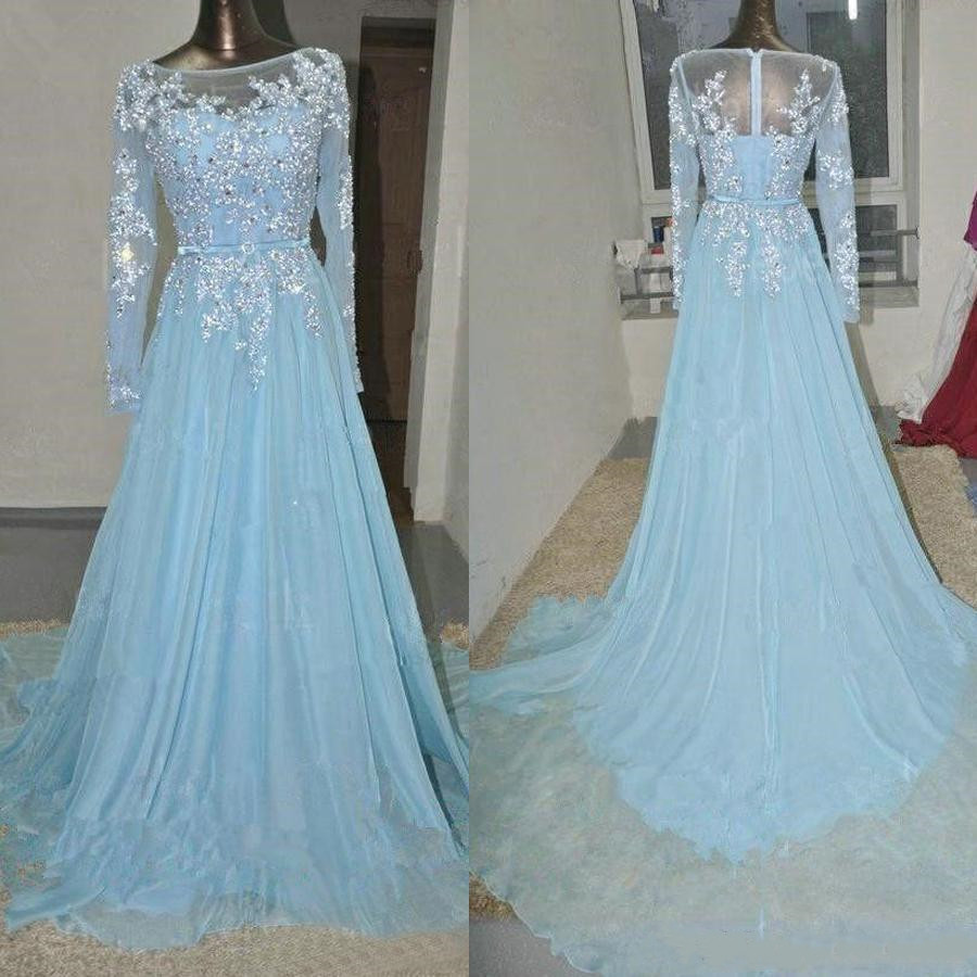 Sheer Neck Lace Applique Sequins Chiffon Evening Dresses Light Blue Crystals Prom Dress Long Sleeves Arabic Plus Size Evening Party Gowns