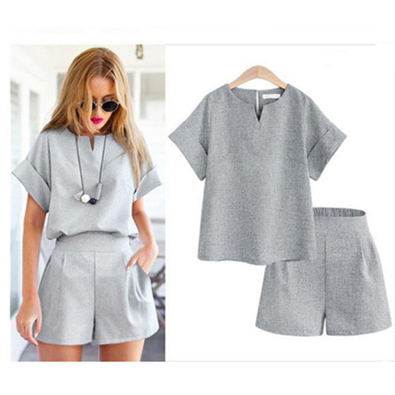

Women Fashion Vintage Casual Two Pieces Tracksuits Summer Sets for Cotton V-neck Tops+shorts Tracksuit Sweatshirt Costumes Women Suits, Navy gray