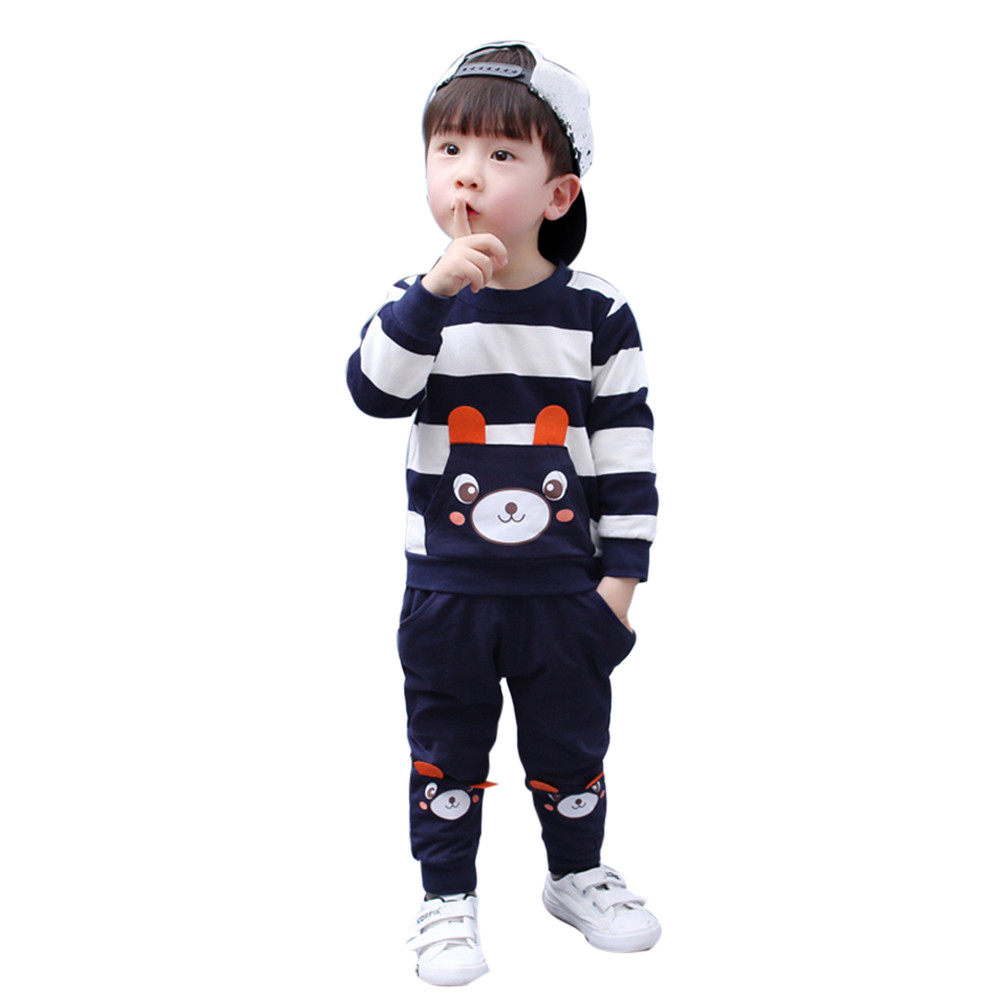 

Hot Sale Children Clothing Set Long Sleeve O-neck Cotton Cartoon Autumn Winter Girl Boy Striped Bear Tops+Pants Clothes Set, Blue