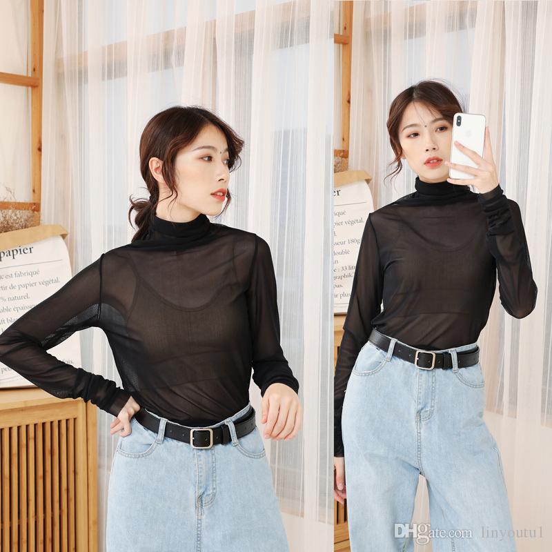 

2020 8 color Sexy Women Summer T-Shirt stand collar Mesh Perspective Ladies Tee Shirt Slim long sleeve Tee Top, 6#