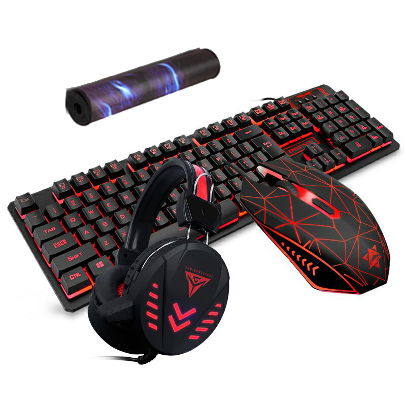 

Backlit Gaming Keyboard Mouse and Earphone Kit Professional Optical Keyboards and Breathing Mice for Desktop Gamer Suspension Key Tri Lights