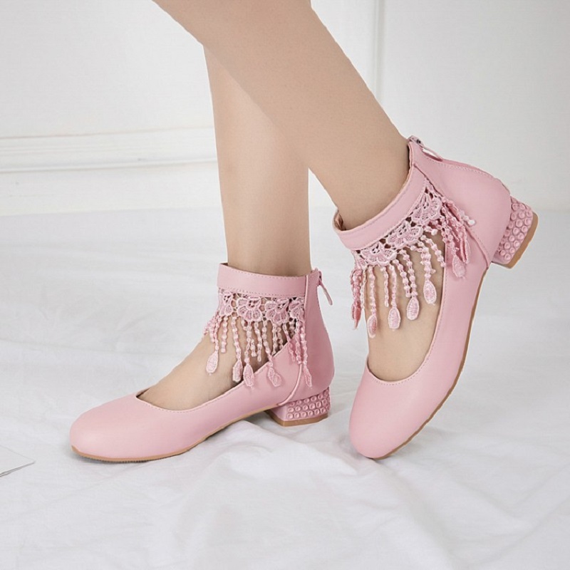 

Spring autumn women shoes low heels round toe ladies pumps sexy lace tassel ankle strap wedding party shoes black white pink