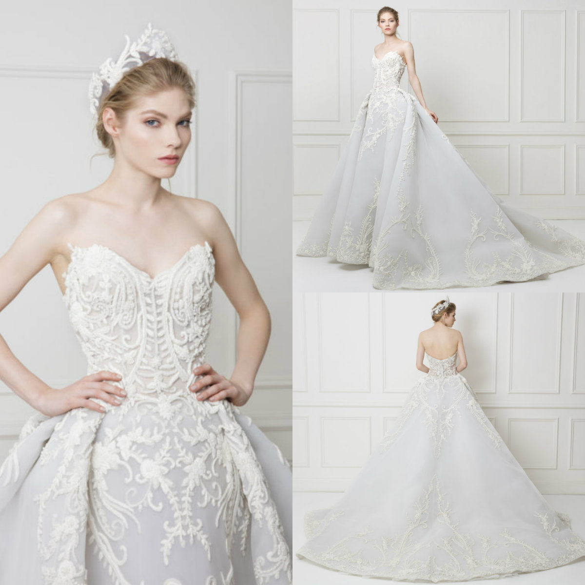 

2020 Bridal Dress With Detachable Train Sweetheart 3D Lace Appliqued Beaded Wedding Dress Backless Ruffle Sweep Train Robes De Mariée, Red