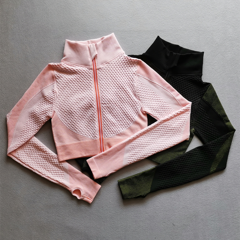 

Seamless Long Sleeve Yoga Tops Women Sports Top Fitness Gym Zipper Workout Shirt Crop Tops With Thumb Hole Running Sports Wear, Pink