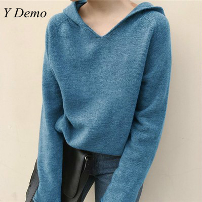 

Casual Knitting V Neck Hooded Sweater Solid Color Soft Women Hoodies, Black