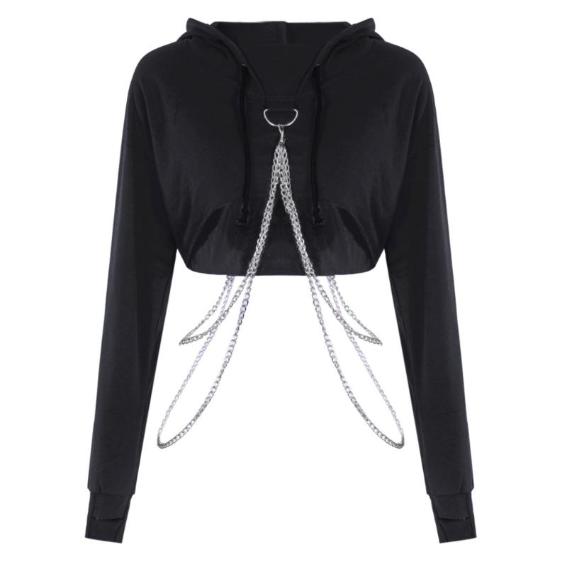 

Crop Top Hoodie Hooded Sweatshirt Women Loose Long Sleeve Chain Patchwork Pullover Black Streetwear Hoodies Top Sudadera Mujer