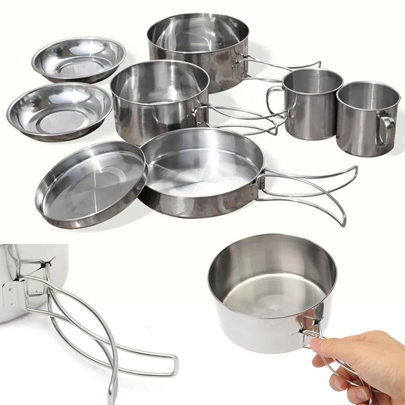 

8pcs Stainless Steel Outdoor Picnic Pot Pan Kit Camping Backpacking Cookware Set New Cooking Set Bowls Cauldron