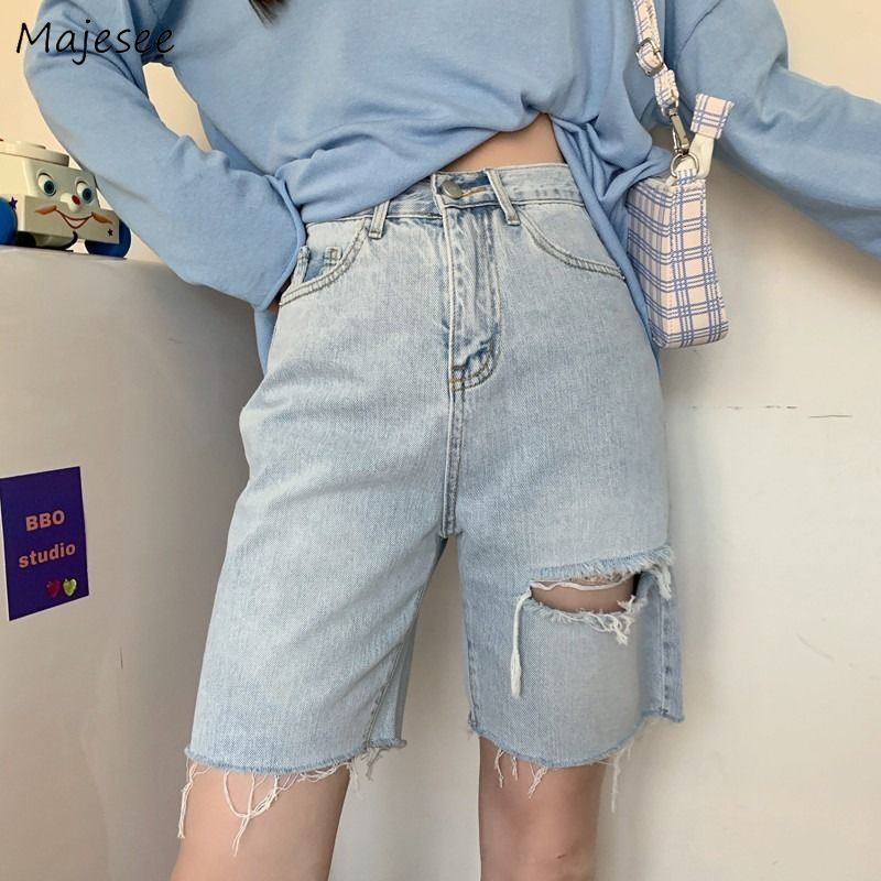 

Shorts Women Denim Ripped Hole Vintage Fur-lined Ins High Waist Summer New Stylish Cowboy Female Trouser Fashion Light Blue Chic