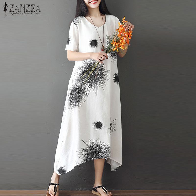 

5XL 2020 Summer Party Dress ZANZEA Fashion Bohemian Printed Sundress Women Casual Short Sleeve Beach Vestido Female Robe Tunic, Red