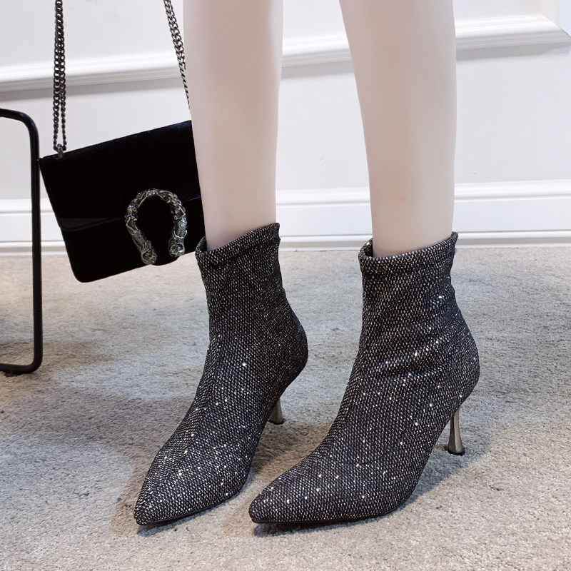 

Sock Boots Bling Women's High Heel Ankle Booties Fashion 2020 Woman Shoes Sequin Thin Heels Ladies Wedding Party Shoes Winter, Black