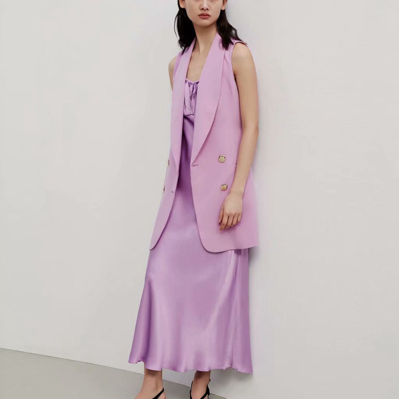 

Classic Long Blazer Vest Women Sleeveless Jacket Elegant Office Lady Coat Female Waistcoat Causal Suits With Belt Plus Size, Purple