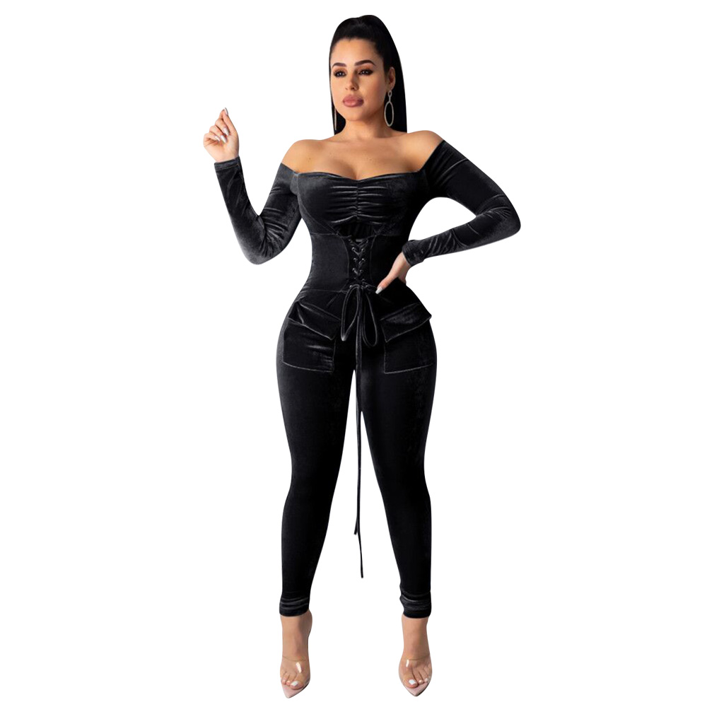 

Women Velvet Jumpsuit Tracksuit Set Long Sleeve Bodysuit Tops Long Pants 2 Piece Outfits Club-wear Romper, Blue