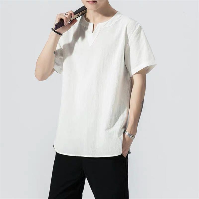 

2020 New Summer Men's Short Sleeves Shirts Cotton Linen Casual Breathable Soft Shirts Solid Male Tops Plus Size -7XL 8XL, Ginger
