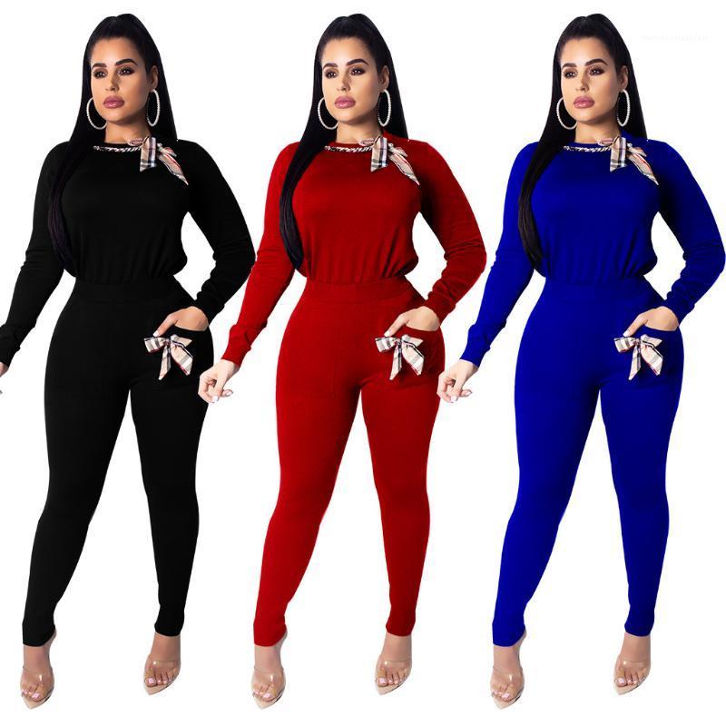 

Sleeve Clothing Sets Fashion Sports Club Apparel Women Solid Color 2pcs Sports Suits Checked Bow Long, Red