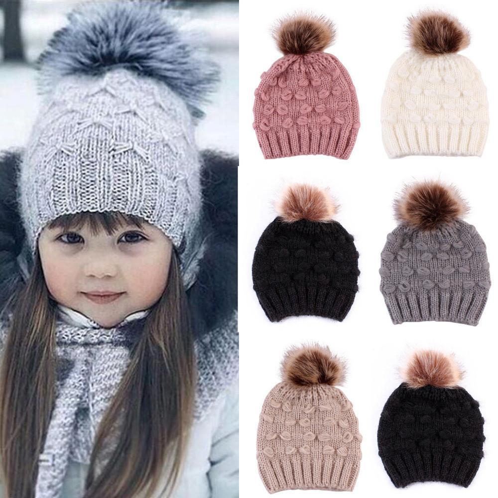 

Cute Toddler Kids Hats Girls Boy Baby Winter Warm Crochet Knit Hat 2019 Brand Beanie Fur Cap Children Caps children caps winter, Grey