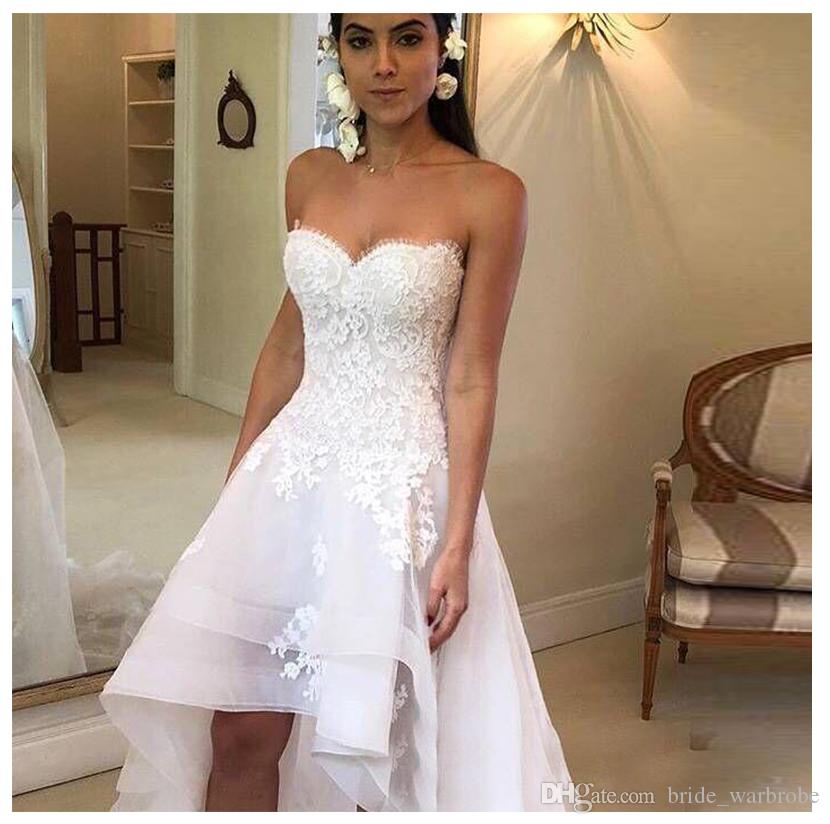 Charming Sweetheart Lace Up Back ruched Front Short Long Back Wedding Gowns robe de mariee 2020 White Lace Appliques Hi Low Wedding Dresses