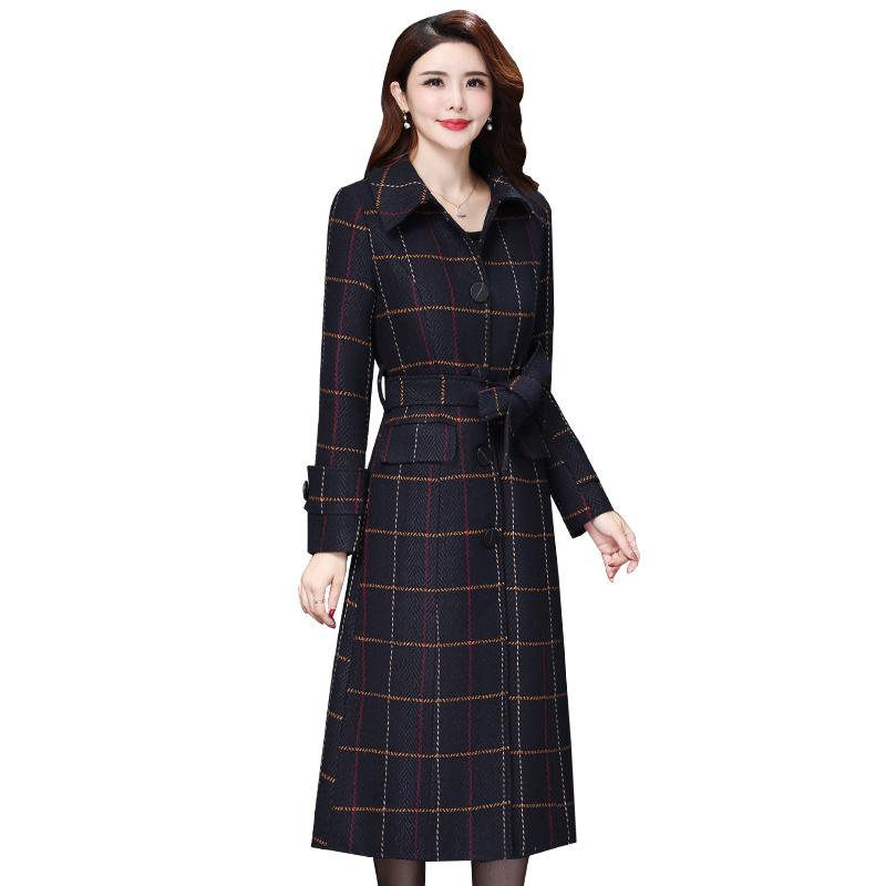 

Elegant Plaid Woolen Coat Women Pockets Autumn Winter Female Blend Coats Female Belt Long Overcoats, Black
