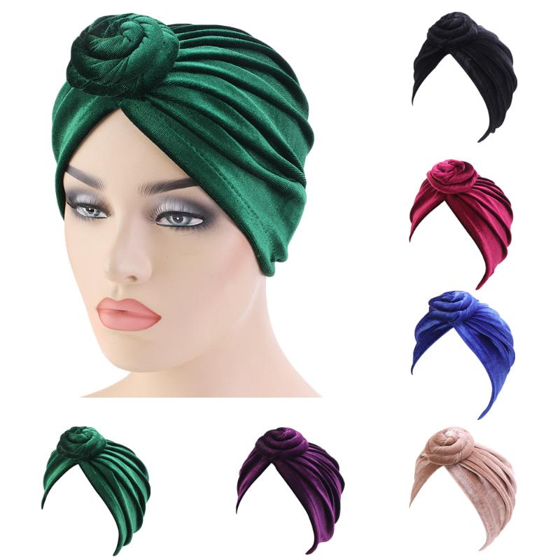 

India Women Velvet Turban Hat Hijab Twist Knot Chemo Cap Stretch Beanie Head Wrap Hair Loss Headwear Muslim Cover Bonnet Bonnet
