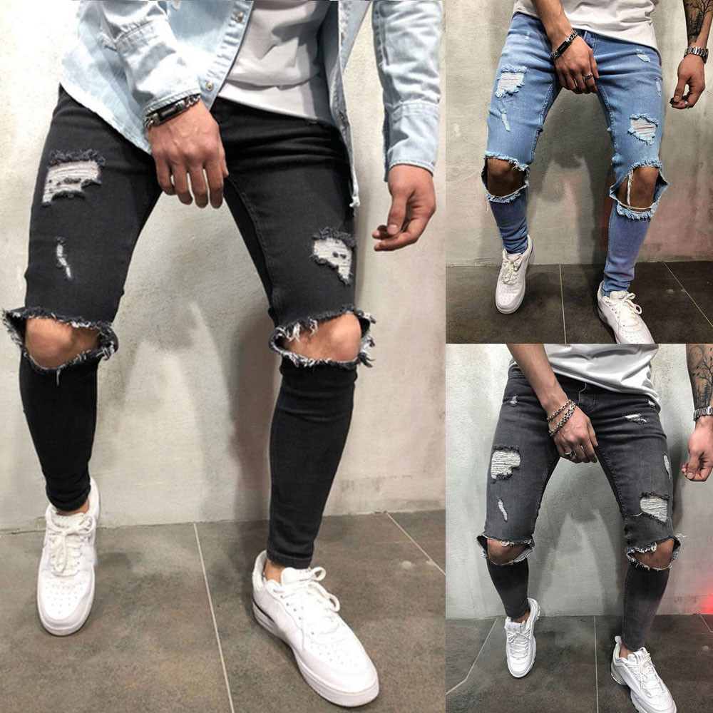 

SAGACE Fashion Streetwear Men' Jeans Vintage Blue Skinny Destroyed Ripped Jeans Broken Punk Pants Homme Hip Hop Men A1126, Bk