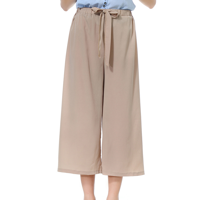 

Women Cropped Pants Casual Looose Solid Color Trousers Wide Leg Mid Waist Stripe Lace-Up Thin Plus Size Pant, Khaki