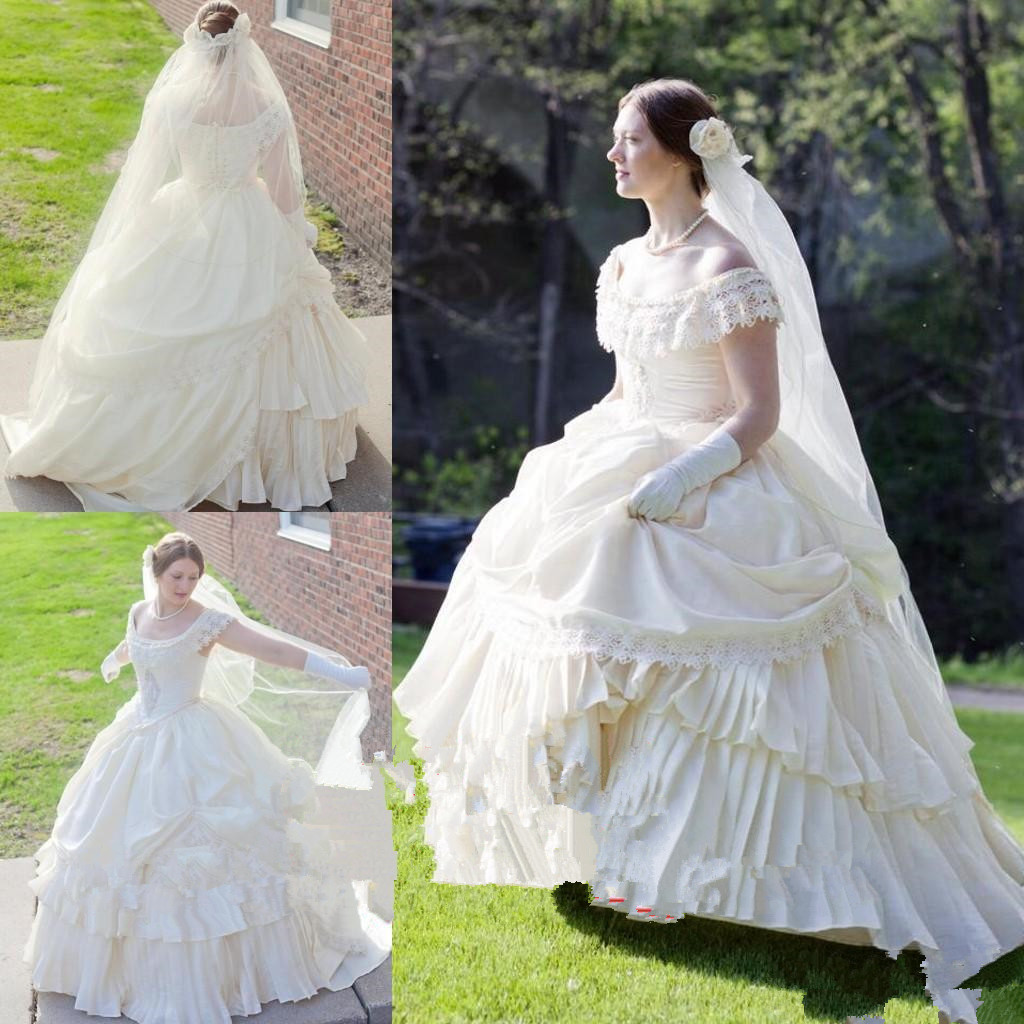 

Puffy Cream Taffeta Wedding Victorian Civil War Steampunk Gown Bridal Dress Vintage Appliqued Lace Wedding Gowns Custom Vestidos de Novia, White