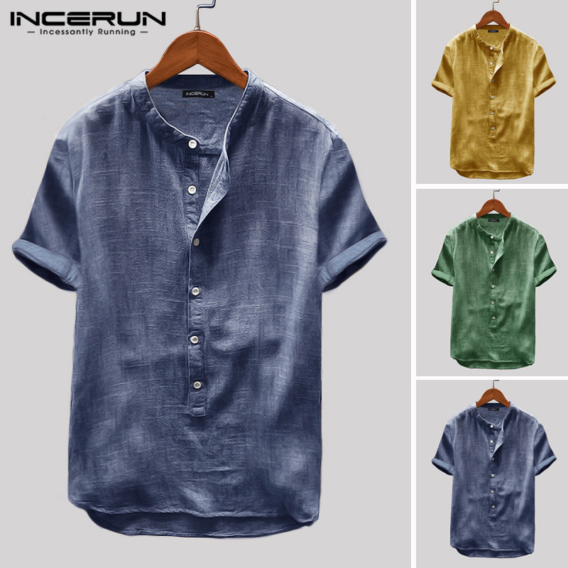 INCERUN 2020 Breathable Mens Shirt Button Up Loose Short Sleeve Solid Color Pullovers Harajuku Vintage Casual Shirt Men Camisa Y200409