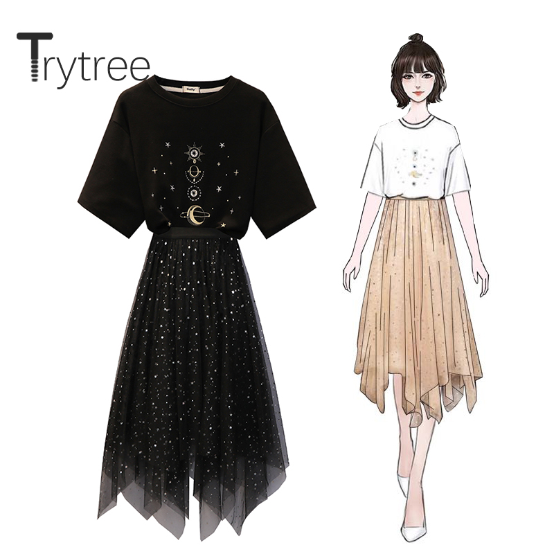 

Trytree 2020 Summer Women Two Piece Set Casual O-neck Print Loose Tops + Skirt Mesh Elastic Waist Irregular Fashion 2 Piece Set, Black