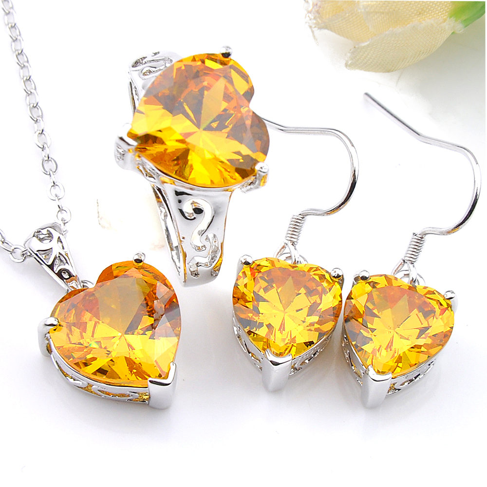 

LuckyShine Fashion Royal Style Jewelry Set Heart-shaped Yellow Zircon Crystal Gems 925 Sterling Silver Pendant Ring Earring Wedding set New