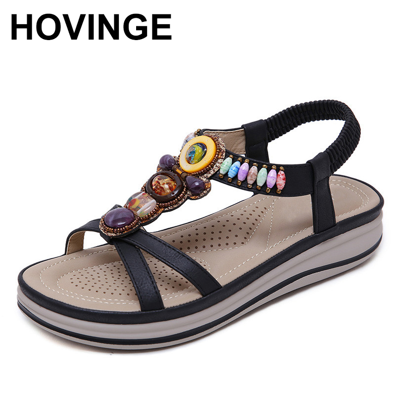 

HOVINGE Summer women shoes new fashion slope women sandals bohemian pearls big size Woman soft open toe wedges sandals, Beige