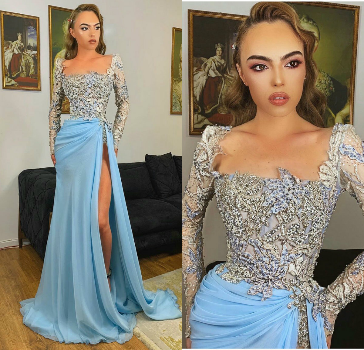 

2020 Fashion Evening Dresses Square Neck Long Sleeves Split Beads Sequins Prom Gowns Custom Made Sweep Train Special Occasion Dress, Champagne