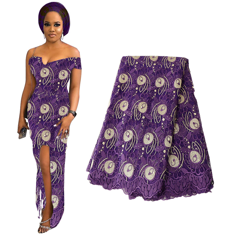 

High Quality Orange African Beaded Lace Fabric 2020 French Voile Lace for Wedding Party Dresses Embroidered Nigerian Fabric