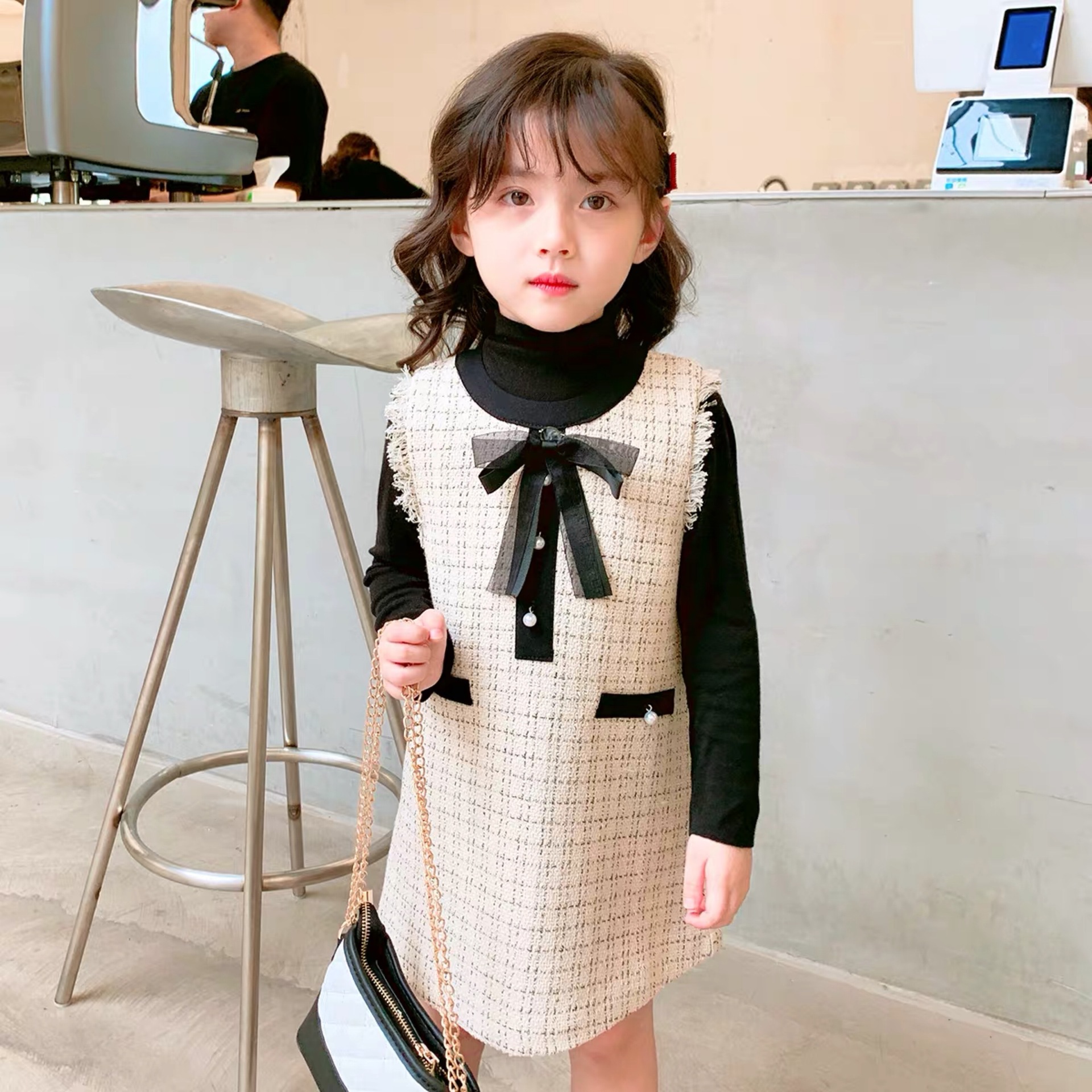 

Kid Baby Girl Clothes Spring Autumn 2pcs Long Sleeve Top T-shirt Plaid Dress Formal Outfit Set 2-7 Years, Beige