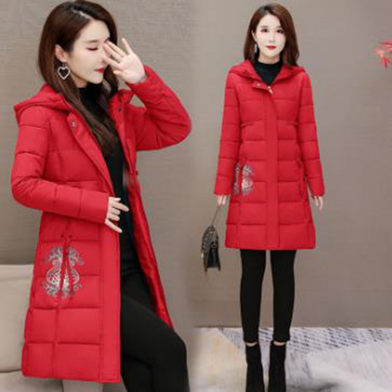 

Wholesale women's ethnic style autumn and winter embroidery mid-length hooded down padded jacket, Creamy-white