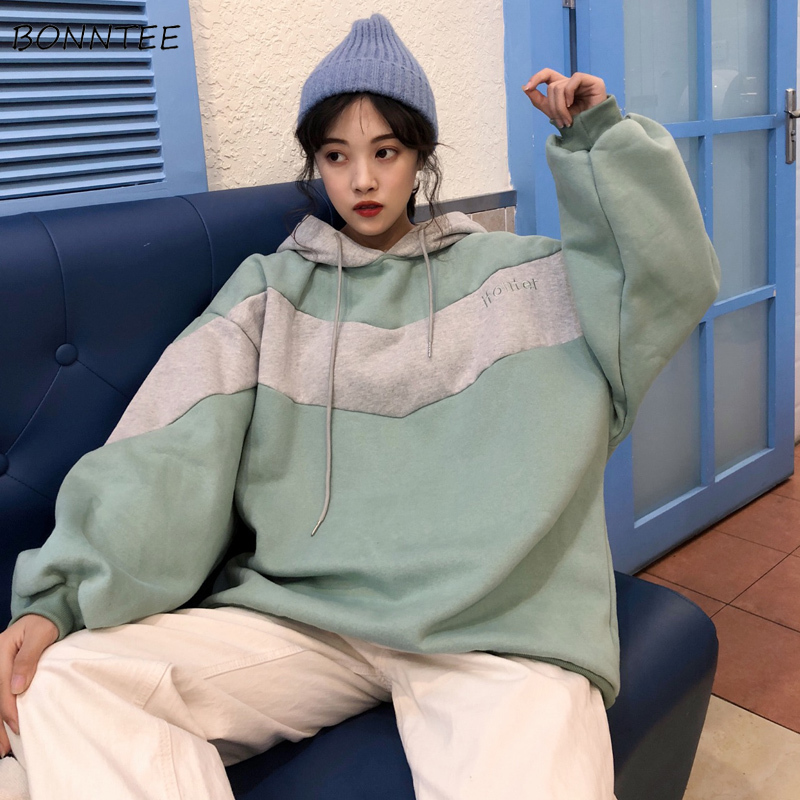 

Hoodies Women Spring Korean Hooded Fashion Patchwork Lovely Simple Womens Hoodie Clothes Oversized Casual Lady Tops Plus Velvet, Blue