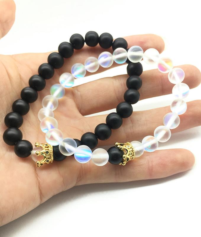 

Beaded, Strands 1/2PCS Natural Moonstone Bead Bracelets Men Jewelry Charm Golden Crystal Crown Bracelet For Women Bangles Lava Stone