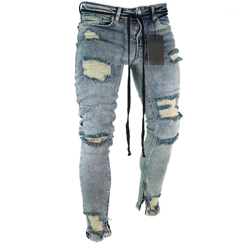 

European American Fashion Streetwear Men's Jeans Skinny Fit Destroyed Ripped Jeans Broken Punk Pants Homme Hip Hop Men1, Color2