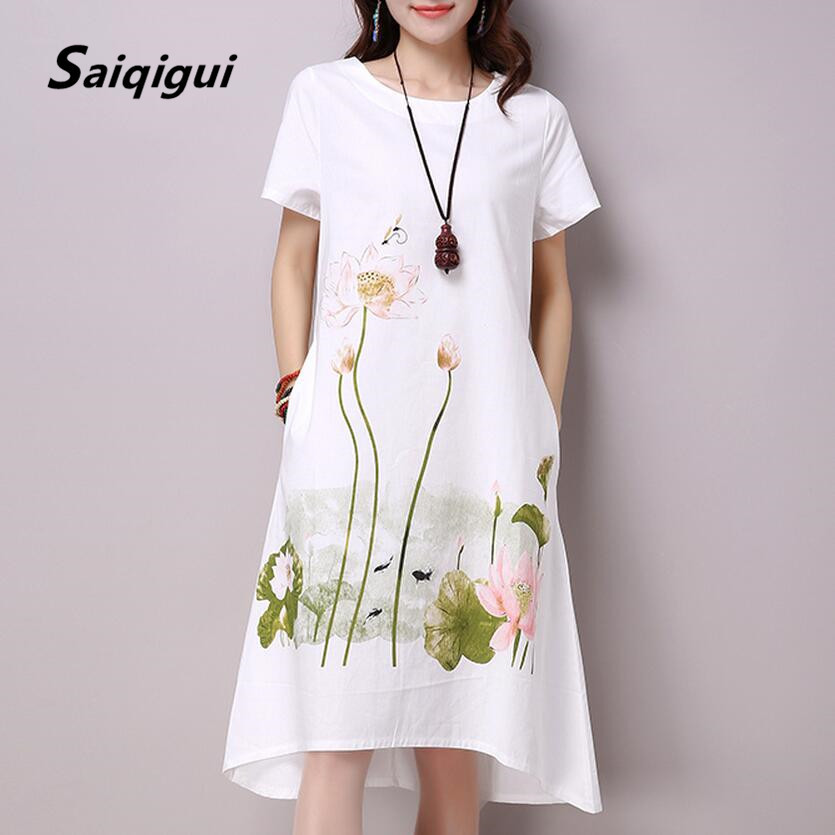 

Saiqigui Summer Dress Plus Size Short Sleeve White Women Dress Casual Cotton Linen Dress Lotus Printing O-neck Vestidos De Festa Q190402